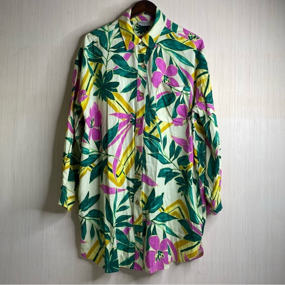 Dress Forum Women’s Tropical Print Button Front Shirt Dress Medium